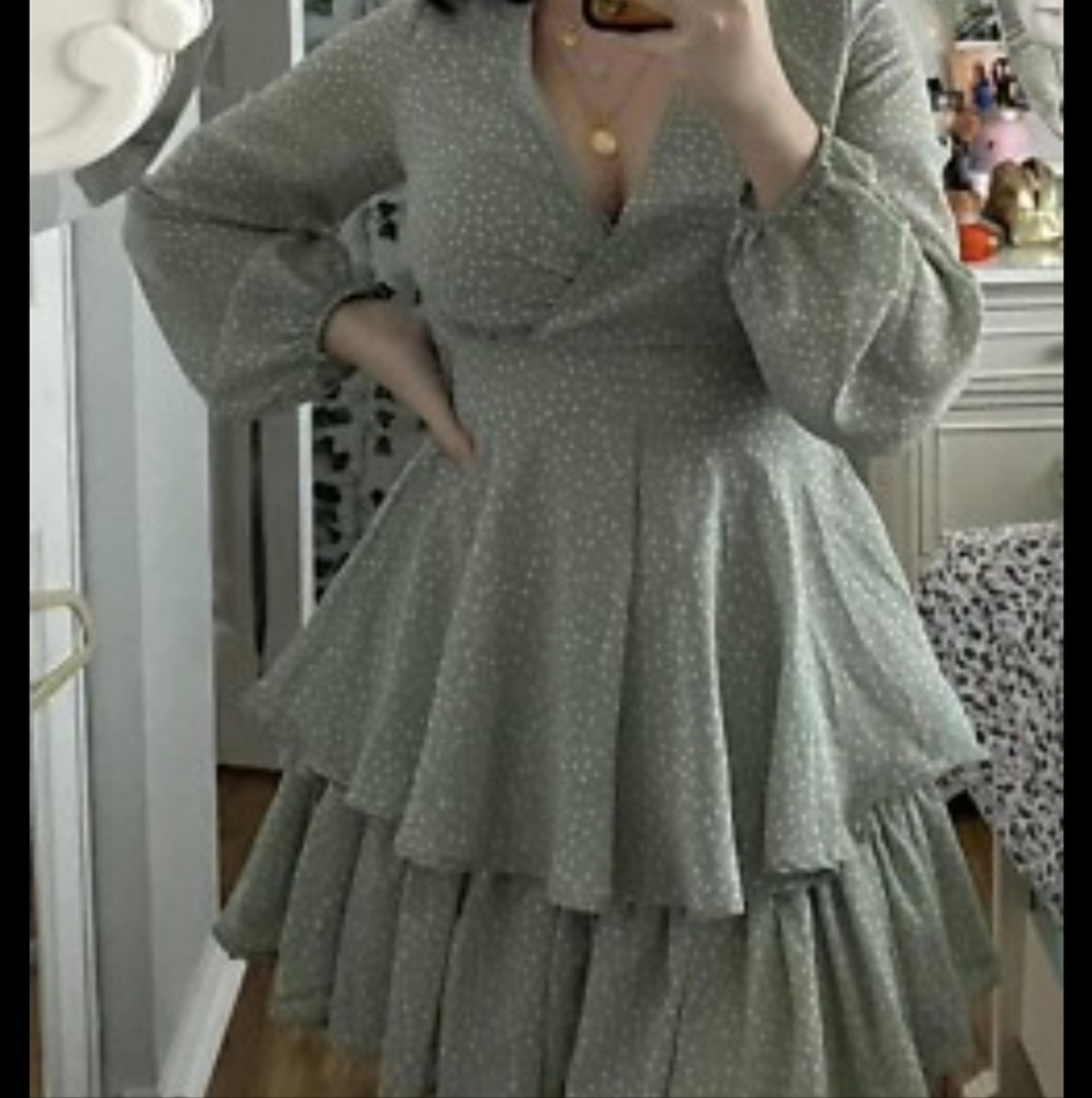 Japna Sage Green Tiered Long Sleeve Dress